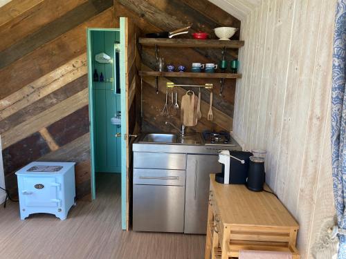 a small kitchen with a sink in a cabin at Otterly's Retreat in Skibbereen