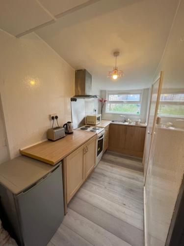 a small kitchen with a counter and a refrigerator at One Bedroom Apartment Filton in Bristol
