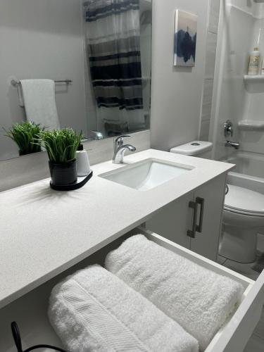 a white bathroom with a sink and a toilet at Luxurious Home in NW Calgary, Free Parking, High Speed Internet, Near Grocery and Airport in Calgary