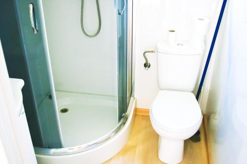 ein Badezimmer mit Toilette und Glasdusche in der Unterkunft Delta Mare - Ferienhaus Folklore - 250m zum Strand in Dziwnów