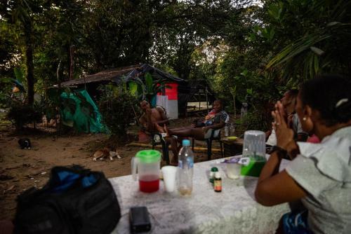 Un grupo de personas sentadas en una mesa en un bosque. en Eco Hospedaje Ata Ladrilleros, en Buenaventura