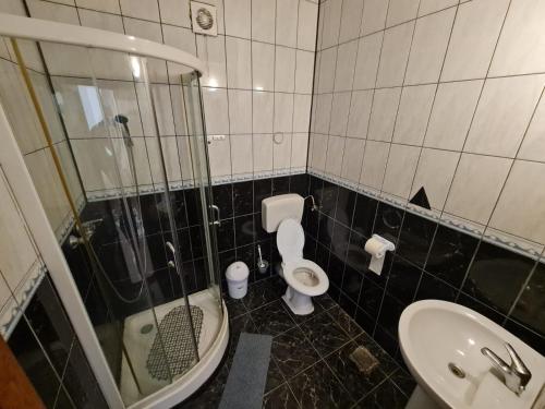 a bathroom with a shower and a toilet and a sink at 2 bedrooms Luxury & 7 Apartments Vila Camelia Eforie Sud in Eforie Sud
