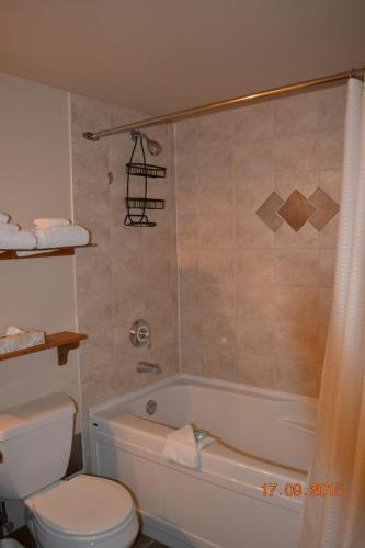 ein Bad mit einer Badewanne, einem WC und einer Dusche in der Unterkunft Taynton Lodge at Panorama Mountain Village Resort in Panorama