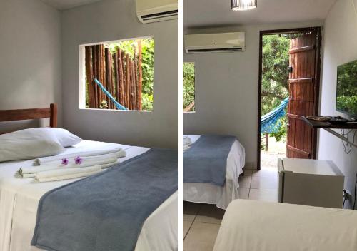 two images of a bedroom with two beds and a window at Pousada Trilha do Velho Chico in Piranhas