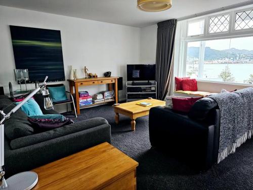 a living room with a couch and a tv at Ideal location for groups, family, friends or work in Wellington