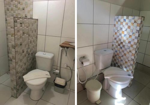 two pictures of a bathroom with two toilets and a shower at Pousada Trilha do Velho Chico in Piranhas