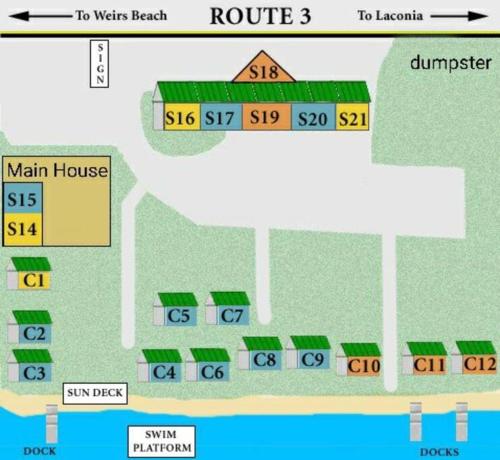 a schematic diagram of a house with a main house at Lakefront Cottage on Beautiful Lake Winnipesaukee in Laconia