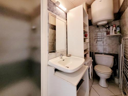une salle de bain avec un lavabo et des toilettes dans l'établissement Studio Cabine Moderne RDC, Terrasse, Parking, Proche Mer, 500m Plage, 4 Pers, Animaux OK - FR-1-794-140, à Canet
