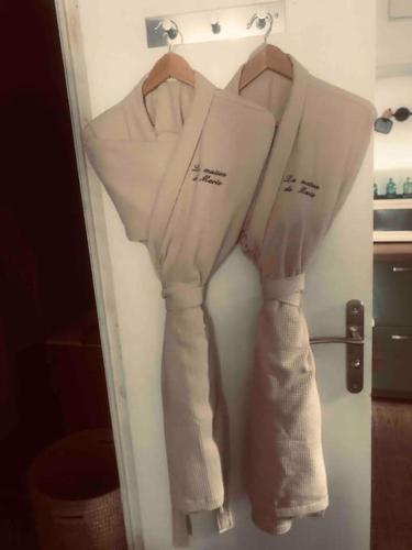 deux chemises sont accrochées à la porte d'un réfrigérateur dans l'établissement Très joli studio à Montpellier, à Montpellier