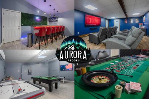 a collage of photos of a gaming room with a poker table at Pocono Retreat Movies Games Spacious in Long Pond