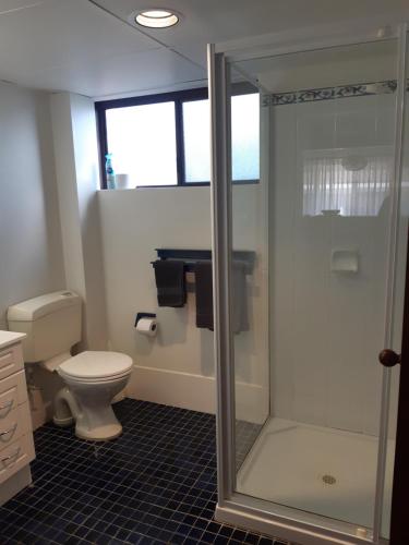 a bathroom with a toilet and a glass shower at Fifth Green Apartments in Mollymook