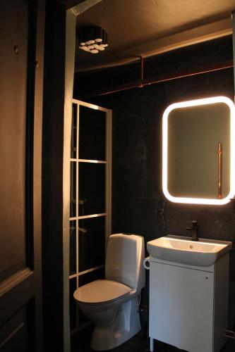La salle de bains est pourvue de toilettes blanches et d'un lavabo. dans l'établissement Villa Göta, à Forsvik