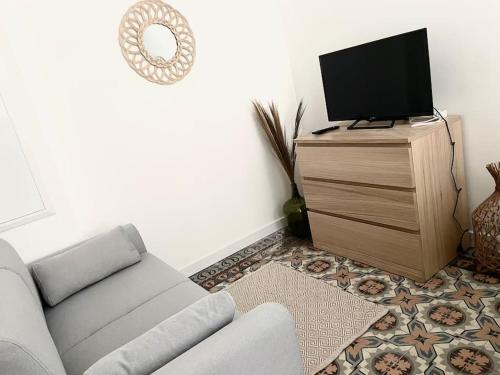 un salon avec un canapé et une télévision à écran plat dans l'établissement Le Briguiboul, à Castres