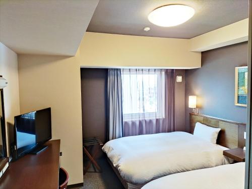 a hotel room with a bed and a television at Hotel Route-Inn Gifuhashima Ekimae in Hashima