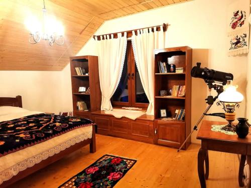 una macchina fotografica in una stanza con un letto e una finestra di Casa din Cucă a Cornereva