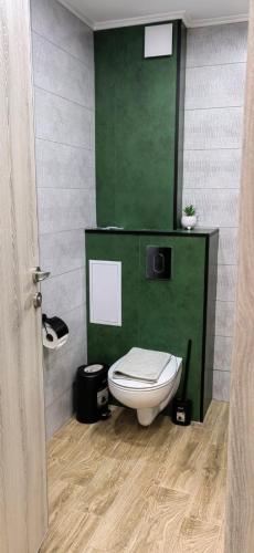 a bathroom with a toilet and a green wall at Apartmenthaus Oborishte - 31 in Panagyurishte