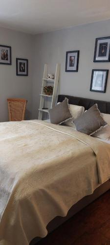 a bedroom with a large bed with pillows on it at Pension Rainbow*** in Karlovy Vary