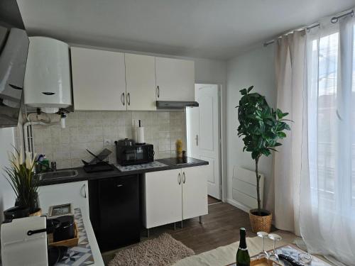 une cuisine avec des armoires blanches et des appareils noirs dans l'établissement Grand duplex Stade de France 21 pour 4 personnes, à Saint-Denis