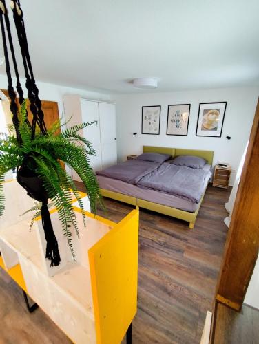 a bedroom with a bed and a potted plant at Ferienhaus Zur alten Korbmacherei in Freyburg