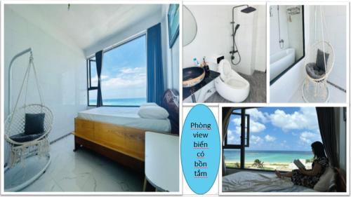 a collage of photos of a bedroom with a view of the ocean at Khách sạn Hoàng Phú đảo Phú Quý in Cu Lao Thu