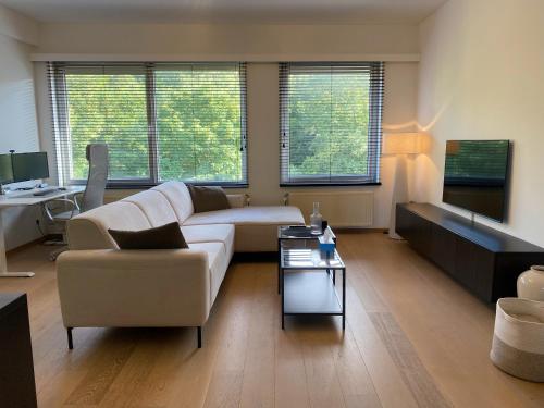 MortselにあるCosy Apartment near Antwerpのソファとテーブルのあるリビングルーム