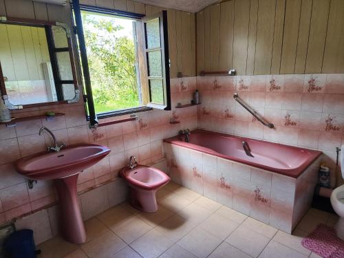 a bathroom with a pink tub and a toilet and a sink at Carrousel in Le Tampon