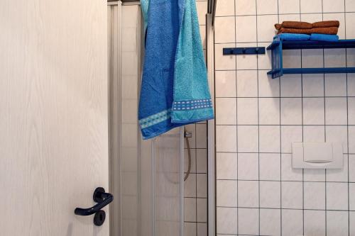 y baño con ducha y toalla azul. en Möve Aba Appartment 44, en Rerik