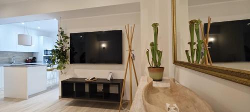 Una sala de estar con cactus y una mesa y un televisor. en Le Terrazze 7, en Puerto de la Cruz