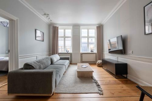 a living room with a couch and a tv at Charming apartment in latin quarter of Copenhagen in Copenhagen