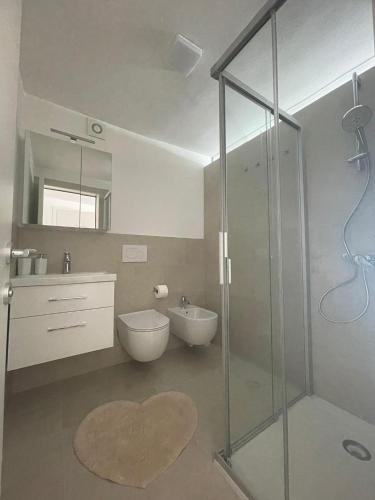 a bathroom with a glass shower and a sink at Appartamento al Gallo con terrazzo in Arco