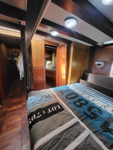 un lit au milieu d'une pièce dans l'établissement Bateau pirate, à Crespinet