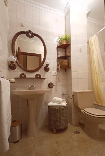 a bathroom with a sink and a toilet and a mirror at Sobre el Puerto in Viveiro