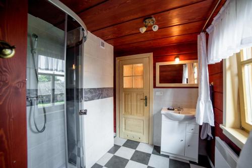 a bathroom with a shower and a sink at Domek NBD-bafia in Zakopane