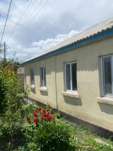 a row of houses with red flowers in a garden at Nomad Guest House in Kochkor