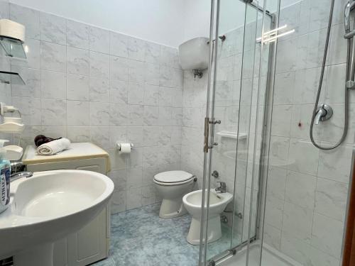 un bagno con wc, lavandino e doccia di Appartamenti Antonio a Tropea