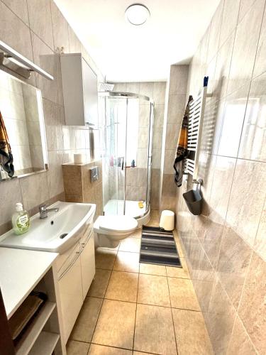 a bathroom with a shower and a toilet and a sink at Leśny Dworek in Żary