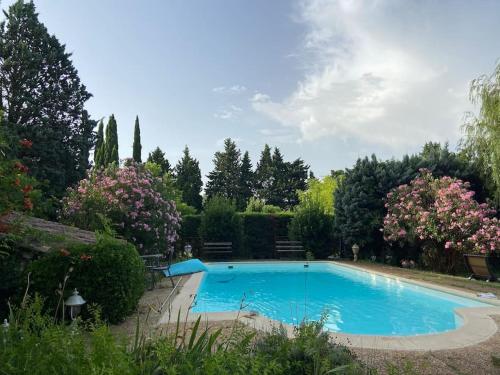 une grande piscine bleue dans un jardin dans l'établissement Le Mas Carradou , Mas de Prestige en campagne, à Monteux