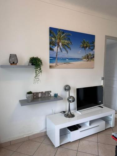 un salon avec une télévision sur un centre de divertissement blanc dans l'établissement Appartement dans villa roi soleil, à Antibes