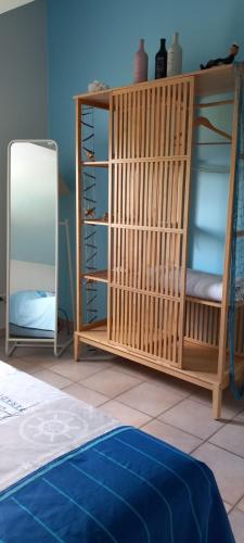 Cette chambre dispose d'une étagère en bois et d'un miroir. dans l'établissement l'Oulibo, à Villeneuve-les-Corbières