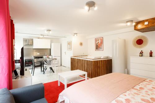 a bedroom with a bed and a living room and a kitchen at Blanc Mesnil Nid d'amour in Le Blanc-Mesnil