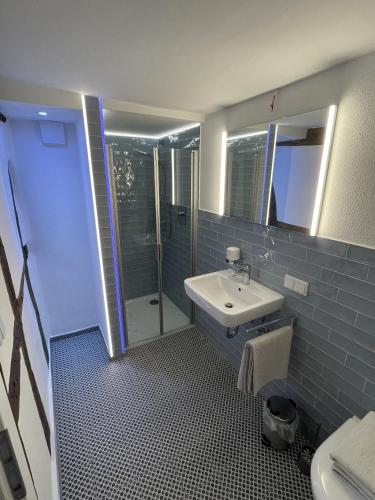 a bathroom with a sink and a shower at Thum'scher Hof in Ortenberg