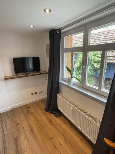 a living room with a flat screen tv and a window at Thum'scher Hof in Ortenberg