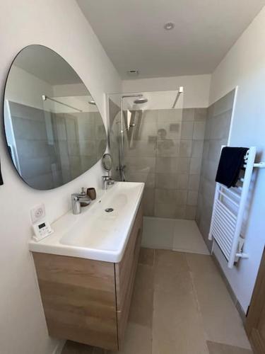 une salle de bain avec un lavabo et un miroir dans l'établissement Havre de paix sur Roussillon, à Roussillon