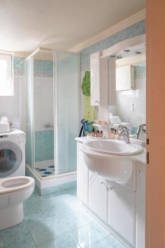 a bathroom with a sink and a toilet and a shower at Kostoula's House Beachfront in Stalos