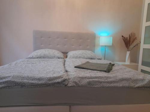 a bed with a blanket and pillows in a bedroom at Zwei-Zimmer Wohnung in Wiesbadens Westend in Wiesbaden