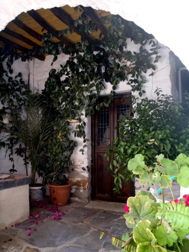 a house with a wooden door and some plants at Nefeli in Ano Syros
