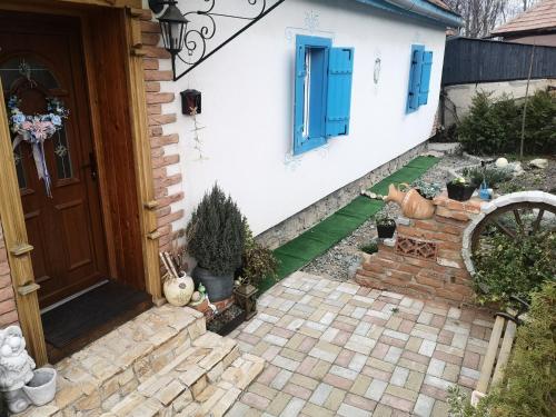 a front door of a house with a yard at The Little Blue House in Reşiţa