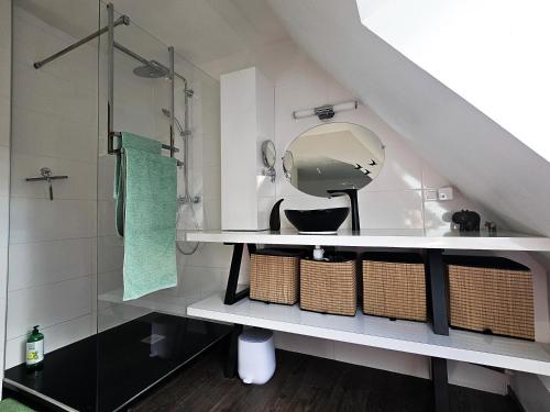 a bathroom with a sink and a mirror at Le Petit Pré in Bouhy