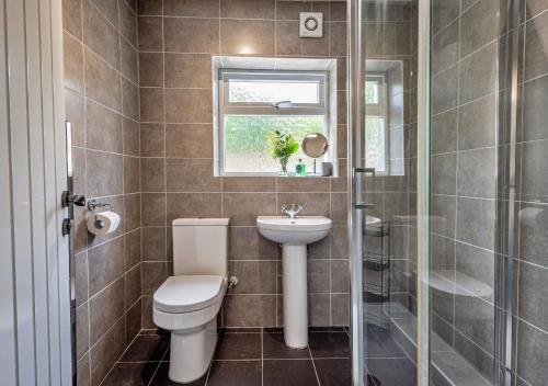 a bathroom with a toilet and a sink and a window at Finest Retreats - Blaen Ddol in Betws-y-coed
