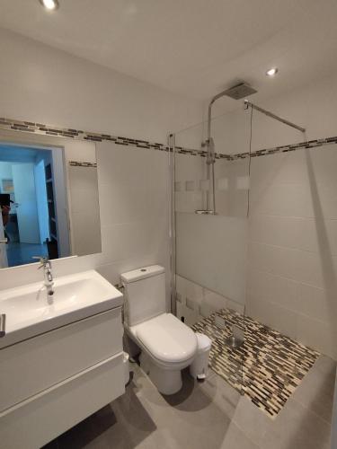 une salle de bain avec toilettes, lavabo et douche dans l'établissement Villa Katiris, à Porto-Vecchio